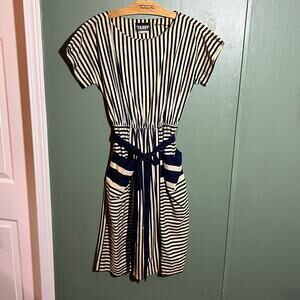 Vintage Tabby Navy Stripe Dress Size 8 Belted Midi Short Sleeve